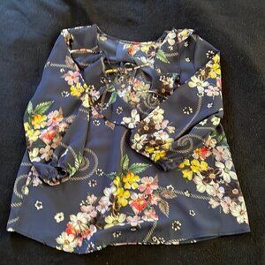 Navy Floral Tie-Front Ruffle Blouse - Romantic Feminine Blue Shirt